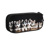 HAHAFU Husky Puppies Dogs Double Layer Large Capacity Pencil Case,Print Oxford-Cloth Pencil Pouch with Multiple Compartments