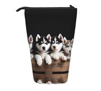 HAHAFU Husky Puppies Dogs Telescopic Pencil Case, Oxford-Cloth Adjustable Pencil Pouch with Zipper, Multi-Functional Portable Stationery Bag for School Office