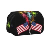 HAHAFU Independence Day America Flag Fireworks Flip-Top Double-Layer Pencil Case,Large Capacity (Holds 50 Pens/Pencis),Full-Print Durable Polyester School Office Supplies