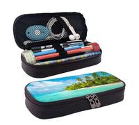 HAHAFU Island with Sandy Beach and Palm Tree Leather Pencil Case for Girls Boys,Personalised Print Large Stationery Pencil Case with Compartments.
