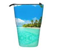 HAHAFU Island with Sandy Beach and Palm Tree Telescopic Pencil Case, Oxford-Cloth Adjustable Pencil Pouch with Zipper, Multi-Functional Portable Stationery Bag for School Office