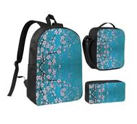 HAHAFU Japanese Cherry Flowers 17 Inch School Backpack Set with Pencil Case and Lunch Bag,Matching Print Design,Durable Polyester School Bag for Kids Teens Boys Girls