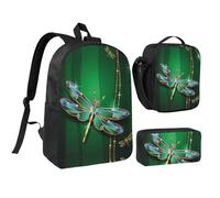 HAHAFU Jewel Dragonfly 17 Inch School Backpack Set with Pencil Case and Lunch Bag,Matching Print Design,Durable Polyester School Bag for Kids Teens Boys Girls