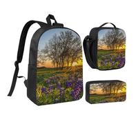 HAHAFU Lavender Meadow at Sunset Spring 17 Inch School Backpack Set with Pencil Case and Lunch Bag,Matching Print Design,Durable Polyester School Bag for Kids Teens Boys Girls