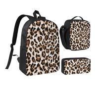 HAHAFU Leopard Print 17 Inch School Backpack Set with Pencil Case and Lunch Bag,Matching Print Design,Durable Polyester School Bag for Kids Teens Boys Girls