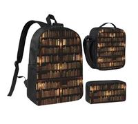 HAHAFU Library Bookshelf Book 17 Inch School Backpack Set with Pencil Case and Lunch Bag,Matching Print Design,Durable Polyester School Bag for Kids Teens Boys Girls