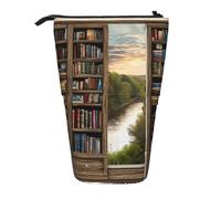HAHAFU Library Bookshelf Book Print Telescopic Pencil Case, Oxford-Cloth Adjustable Pencil Pouch with Zipper, Multi-Functional Portable Stationery Bag for School Office