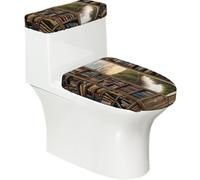 HAHAFU Library Bookshelf Book Print Toilet Decorative 2-Piece Set With All-Over Print,Stretchable Toilet Lid Cover, Soft Elastic Fabric For Home Decoration