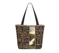 HAHAFU Library Bookshelf Book Print Women'S Large Shopping Tote Bag, Lightweight Durable Polyester Tote With All-Over Print,Foam Padded For Protection