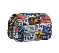 HAHAFU License Plate Flip-Top Double-Layer Pencil Case,Large Capacity (Holds 50 Pens/Pencis),Full-Print Durable Polyester School Office Supplies