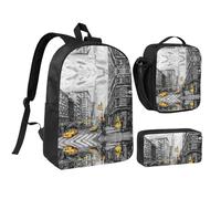 HAHAFU Love from New York 17 Inch School Backpack Set with Pencil Case and Lunch Bag,Matching Print Design,Durable Polyester School Bag for Kids Teens Boys Girls