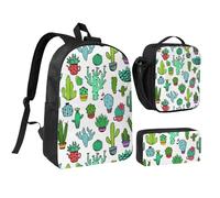HAHAFU Lovely Succulent 17 Inch School Backpack Set with Pencil Case and Lunch Bag,Matching Print Design,Durable Polyester School Bag for Kids Teens Boys Girls