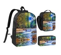 HAHAFU Mountain and Lake 17 Inch School Backpack Set with Pencil Case and Lunch Bag,Matching Print Design,Durable Polyester School Bag for Kids Teens Boys Girls