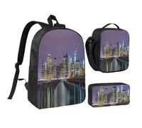 HAHAFU New York City 17 Inch School Backpack Set with Pencil Case and Lunch Bag,Matching Print Design,Durable Polyester School Bag for Kids Teens Boys Girls