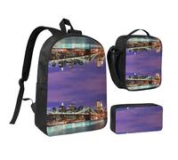 HAHAFU New York Night 17 Inch School Backpack Set with Pencil Case and Lunch Bag,Matching Print Design,Durable Polyester School Bag for Kids Teens Boys Girls