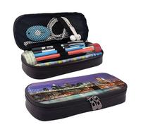 HAHAFU New York Night Leather Pencil Case for Girls Boys,Personalised Print Large Stationery Pencil Case with Compartments.