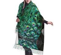 HAHAFU Peacock Green Feather Luxury Soft Faux Cashmere Scarf-Extra Long Winter Shawl Wrap With Fringe,Full Print Design,Warm Fashion Accessory For Women