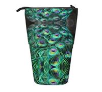 HAHAFU Peacock Green Feather Telescopic Pencil Case, Oxford-Cloth Adjustable Pencil Pouch with Zipper, Multi-Functional Portable Stationery Bag for School Office