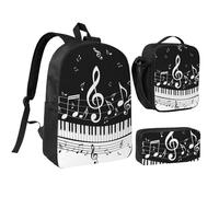 HAHAFU Piano Keys with Musical Notes 17 Inch School Backpack Set with Pencil Case and Lunch Bag,Matching Print Design,Durable Polyester School Bag for Kids Teens Boys Girls
