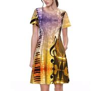 HAHAFU Piano Violin Music Notes Women's Short Sleeve Polyester Dress,All-Over Print Comfortable Breathable Summer Dress Black