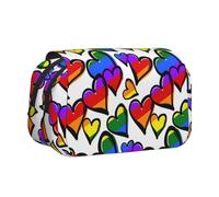 HAHAFU Rainbow Colored Gay Pride Hearts Flip-Top Double-Layer Pencil Case,Large Capacity (Holds 50 Pens/Pencis),Full-Print Durable Polyester School Office Supplies