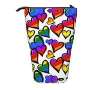 HAHAFU Rainbow Colored Gay Pride Hearts Telescopic Pencil Case, Oxford-Cloth Adjustable Pencil Pouch with Zipper, Multi-Functional Portable Stationery Bag for School Office