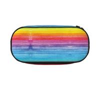 HAHAFU Rainbow Colored Striped Double Zipper Pencil Case Makeup Bag,Large Capacity Crush-Resistant Polyester Organizer with 4 Pen Slots and Mesh Pocket for School Office Travel (Full Print Design)