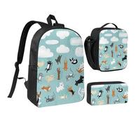 HAHAFU Raining Cats & Dogs 17 Inch School Backpack Set with Pencil Case and Lunch Bag,Matching Print Design,Durable Polyester School Bag for Kids Teens Boys Girls