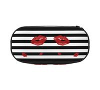 HAHAFU Red Mouth Printed in Black and White Stripes Double Zipper Pencil Case Makeup Bag,Large Capacity Crush-Resistant Polyester OrganizerFor School Office Travel