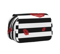 HAHAFU Red Mouth Printed in Black and White Stripes Flip-Top Double-Layer Pencil Case,Large Capacity (Holds 50 Pens/Pencis),Full-Print Durable Polyester School Office Supplies