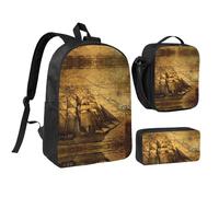 HAHAFU Sailing Pirate Theme 17 Inch School Backpack Set with Pencil Case and Lunch Bag,Matching Print Design,Durable Polyester School Bag for Kids Teens Boys Girls
