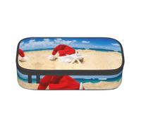 HAHAFU Santa Hat On The Beach Durable Large Capacity Pencil Case with Multiple Compartments,Print Water-Resistant Polyester School Supplies Organizer (Square Design)