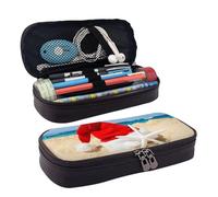 HAHAFU Santa Hat On The Beach Leather Pencil Case for Girls Boys,Personalised Print Large Stationery Pencil Case with Compartments.