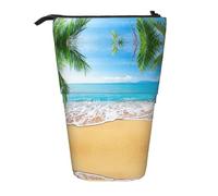 HAHAFU Sea Beach Palm Leaves Telescopic Pencil Case, Oxford-Cloth Adjustable Pencil Pouch with Zipper, Multi-Functional Portable Stationery Bag for School Office