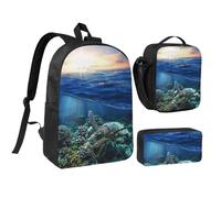 HAHAFU Sea Turtle Floating Up and Over Coral 17 Inch School Backpack Set with Pencil Case and Lunch Bag,Matching Print Design,Durable Polyester School Bag for Kids Teens Boys Girls