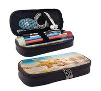 HAHAFU Seashell Beach Leather Pencil Case for Girls Boys,Personalised Print Large Stationery Pencil Case with Compartments.