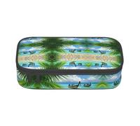 HAHAFU Seaside Boat Coconut Leaves Durable Large Capacity Pencil Case with Multiple Compartments,Print Water-Resistant Polyester School Supplies Organizer (Square Design)