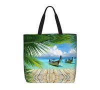 HAHAFU Seaside Boat Coconut Leaves Multiprint Durable Water-Resistant Polyester Tote Shoulder Bag-Lightweight Casual Daypack For Shopping,School, Office Daily Use