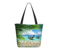 HAHAFU Seaside Boat Coconut Leaves Women'S Large Shopping Tote Bag, Lightweight Durable Polyester Tote With All-Over Print,Foam Padded For Protection