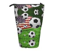 HAHAFU Soccer USA American Flag Telescopic Pencil Case, Oxford-Cloth Adjustable Pencil Pouch with Zipper, Multi-Functional Portable Stationery Bag for School Office
