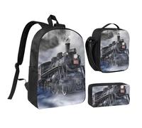 HAHAFU Steam Train Clouds 17 Inch School Backpack Set with Pencil Case and Lunch Bag,Matching Print Design,Durable Polyester School Bag for Kids Teens Boys Girls