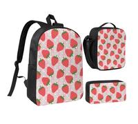 HAHAFU Strawberry 17 Inch School Backpack Set with Pencil Case and Lunch Bag,Matching Print Design,Durable Polyester School Bag for Kids Teens Boys Girls