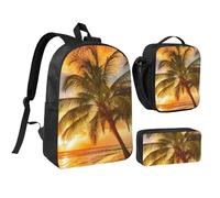 HAHAFU Sunset Hawaiian Palm Tree 17 Inch School Backpack Set with Pencil Case and Lunch Bag,Matching Print Design,Durable Polyester School Bag for Kids Teens Boys Girls