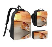 HAHAFU Sunset Over The Sea with The Shell Conch 17 Inch School Backpack Set with Pencil Case and Lunch Bag,Matching Print Design,Durable Polyester School Bag for Kids Teens Boys Girls