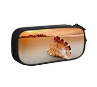 HAHAFU Sunset Over The Sea with The Shell Conch Double Layer Large Capacity Pencil Case, Full Print Oxford-Cloth Pencil Pouch with Multiple Compartments,Customizable Smooth Zipper Stationery Bag