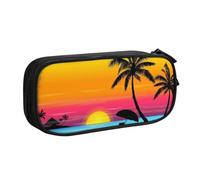 HAHAFU Sunset Palm Tree Double Layer Large Capacity Pencil Case, Full Print Oxford-Cloth Pencil Pouch with Multiple Compartments
