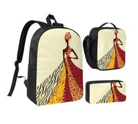 HAHAFU Traditional African Girl Painting 17 Inch School Backpack Set with Pencil Case and Lunch Bag,Matching Print Design,Durable Polyester School Bag for Kids Teens Boys Girls