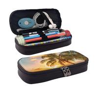 HAHAFU Tropical Beach Palm Tree Sunset Pencil Case for Girls Boys,Leather Personalised Print Large Stationery Pencil Case with Compartments.