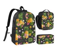 HAHAFU Tropical Pineapple Hawaiian 17 Inch School Backpack Set with Pencil Case and Lunch Bag,Matching Print Design,Durable Polyester School Bag for Kids Teens Boys Girls