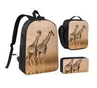 HAHAFU Two Giraffe Running On The Barren 17 Inch School Backpack Set with Pencil Case and Lunch Bag,Matching Print Design,Durable Polyester School Bag for Kids Teens Boys Girls